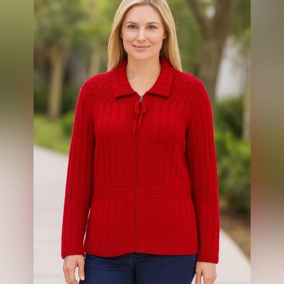 Vintage Lauren Ralph Lauren Hand Knit Red Zip Cardigan Sweater, 2P - Picture 1 of 12